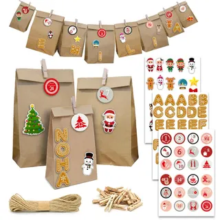 Dunedesign Adventskalender zum Selbstbefüllen, 24 Papiertüten , Braun , Rechteckig , 13x8x24 cm , Dekoration, Weihnachtsdekoration