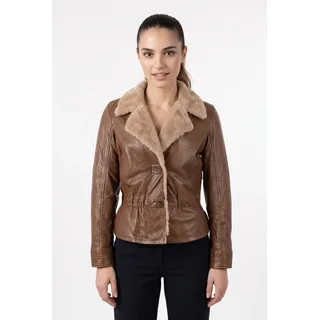 Lederjacke MAURITIUS "MWIcelyn", Damen, Gr. 4XL (48), braun (cognac), Obermaterial: 100% Schafsleder. Futter: 100% Baumwolle. Ärmelfutter: 100% Polyester, unifarben, tailliert hüftlang, 1-Knopf-Manschette, Jacken Lederjacke, mit Reverskragen mit Fake-Fur-Besatz, tailliert