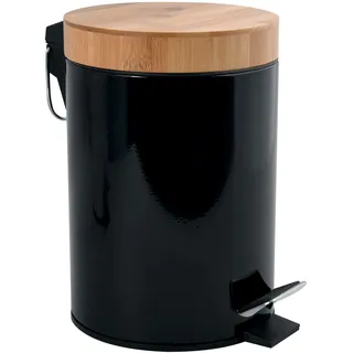 MSV – 3-Liter-Badezimmerabfalleimer aus Edelstahl und Bambus mit automatischem Absenksystem und Aza-Inneneimer – Schwarz – 16,8 x 24 cm
