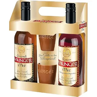 Original Wikinger Met Wikinger | Original & Roter Met im Geschenkset | 2x0,75 L. inkl. 2 Becher | Honigwein aus dem Ursprungsland der Wikinger in Norddeutschland | fruchtig-aromatischer Met