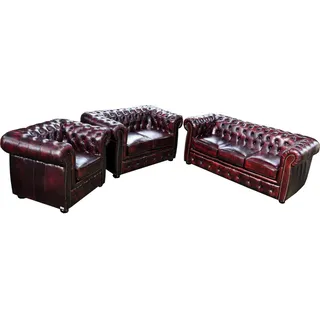 Chesterfield Sofagarnitur Polster Sitz Sofa Couch Garnitur 3+2+1 Ledersofa Sofas - bordeaux