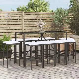 The Living Store 11-tlg. Gartenbar-Set mit Kissen Schwarz Poly Rattan - Schwarz