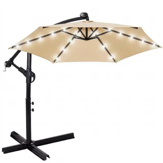 Springos® Ampelschirm 300 cm mit LED Solarbeleuchtung Kurbel Gartenschirm XXL groß ecru + Schutzhülle - Beige