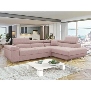Mirjan24 Ecksofa Torezio Cord, Stilvoll Eckcouch mit Bettkasten und Schlaffunktion, Einstellbare Kopfstützen, 274x203x70-90 cm (Farbe: Poso 52, Seite: Rechts) - Rosa