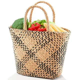 Kobolo Korbtasche Einkaufstasche Flechttasche aus Seegras mit zweifarbigem Muster und Henkeln - Naturbelassen