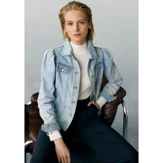 Jeansjacke VIVANCE "mit Puffärmeln und goldfarbenen Knöpfen", Damen, Gr. 34, blau (blau, washed), Denim/Jeans, Obermaterial: 100% Baumwolle, used, figurumspielend hüftlang, Manschette, Jacken Jeansjacke, Übergangsjacke, Sommerjacke aus Denim, Topseller
