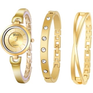 JewelryWe 3pcs Damenuhr Armreif Set Damen Einfach Metallarmband Analog Quarz Uhr Strass Infinity Unendlichkeit Zeichen Armband Schmuckset Geschenke für Frauen Gold