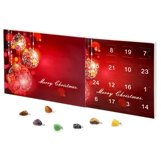 VALIOSA Merry Christmas Mode-Schmuck Adventskalender mit Halskette + 23 individuelle Anhänger aus Halb-Edelstein, Geschenkidee für Mädchen, 24-teilig (1 Set) - Rot
