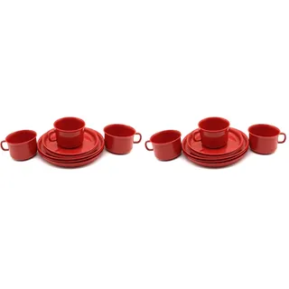3 Stück Geschirr-Set 3teilig Kindergeschirr Frühstücksset Geschirrservice Kaffeeservice Plastikgeschirr Tassen und Teller, aus Kunststoff, Mehrweggeschirr, Farbe rot (Packung mit 2)
