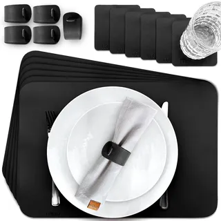 MIQIO Tischset aus Kunstleder - 18er Tisch- Untersetzer-Set - Leder Platzsets abwaschbar - 6 Platzsets, Glasuntersetzer, Serviettenringe | schwarz | rechteckig