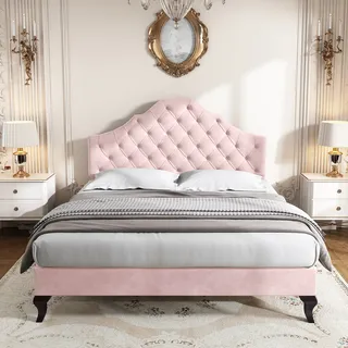 Polsterbett, 140x200 cm, Doppelbett mit Lattenrost, gepolsterter Kopfteil höhenverstellbar, Bezug aus Samt - Rosa