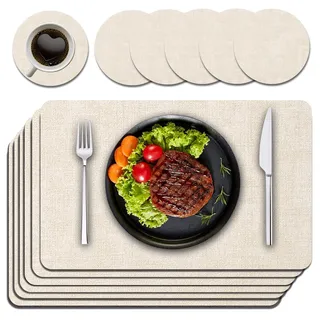 Pure Joy Tischsets Abwaschbar 6er Set, Platzsets Abwaschbar Weiß, rutschfest Hitzebeständig PU Leder Platzdeckchen und Untersetzer Teller, für Hause, Küchen, Esstisch 43x30 cm