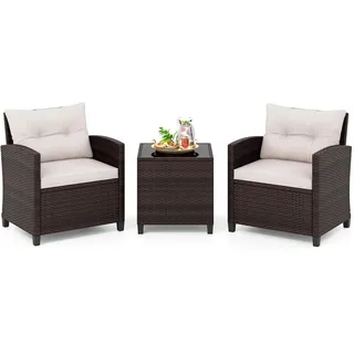 FANTASK 3-TLG. Rattan Gartenmöbel Set, Gartenmöbel Set inkl. 2 Sessel, Kissen & Tisch mit gehärteter Glasplatte, Balkonmöbel für 2 Personen, Wetterfeste Sitzgruppe für Garten (Mix Braun + Warmweiß)