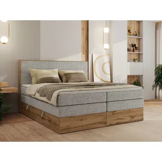 MKS Meble Boxspringbett WOOD CLASSIC KING, Doppelbett mit zwei Multipocket-Matratze und Toppper, hohe Kopfteil, Stauraum - 160 x 200 cm - H4 - Hellgrau