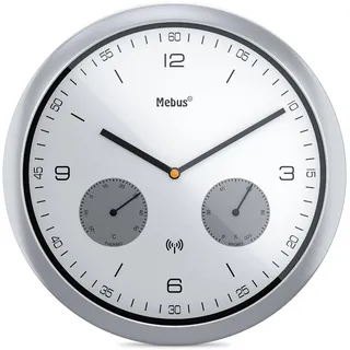 Mebus Funk-Wanduhr mit Thermometer und Hygrometer / Kunststoff / Rund / Modell: 52827 / Farbe: Silber
