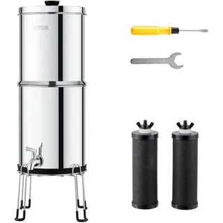 Vevor Schwerkraft-Wasserfiltersystem, 2,25 G 304 Edelstahl-Arbeitsplatten-Wasserfiltersystem, reduziert Blei und bis zu 99 Chlor, mit 2 Kohlefiltern/Zapfhahn/Ständer, für Zuhause, Camping, Wohnmobil