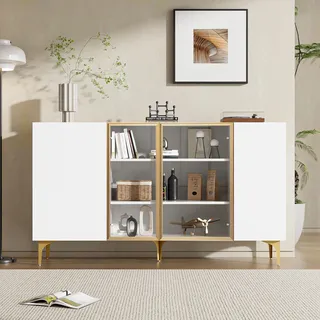 Sweiko Elegantes 4-Tür Sideboard Weiß mit Glas & Metall, Modernes Design, Grifflos, Viel Stauraum, Sideboard Wohnzimmer Esszimmer Kommode Schrank Hochwertig - Weiß