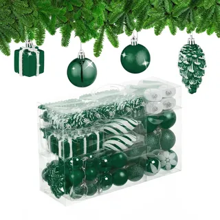 Relaxdays Weihnachtskugeln 72er Set, glitzernde, Matte & glänzende Baumkugeln, Stiefel, Herz & Zapfen, Kunststoff, grün