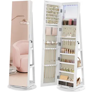 Songmics Schmuckschrank, Spiegelschrank, mit rahmenlosem Ganzkörperspiegel, 3 Ablagen, 360° drehbar, abschließbar, Oberfläche in Weiß, Innenfutter in Greige JJC007W02