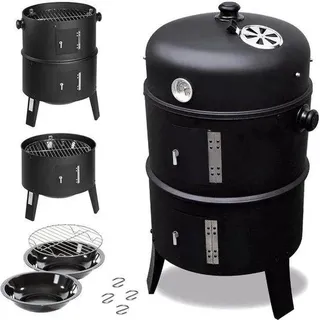 Famanu Holzkohlegrill mit Deckel - Smoker Kugelgrill und Holzkohle - 40x72cm - BBQ Camping Grill + Zubehör - Schwarz