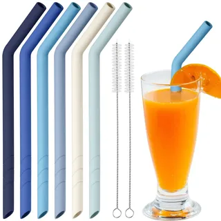 NiHome 6 Stück Silikon Strohhalme Wiederverwendbar, Extra Breite Trinkhalme für Boba, Smoothies & Bubble Tea – Zuschneidbare Länge, BPA-frei, mit 2 Reinigungsbürsten, Spülmaschinenfest(Ozeanfarben)