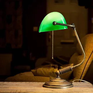 Bankerlampe Tischleuchte Antik Bronze Grün aus Messing Zugschalter Schreibtisch