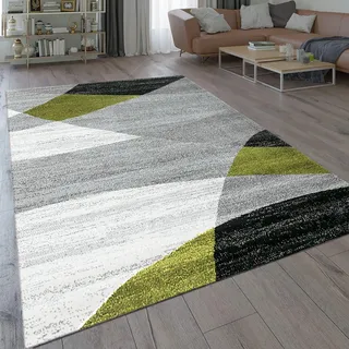 VIMODA Teppich Geometrisches Muster Meliert in Grün Grau Weiß Schwarz Kurzflor Wohnzimmer, Maße:60x110 cm