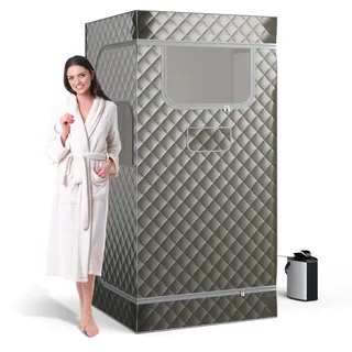 FANTASK Ganzkörpersaunabox für Zuhause, tragbare Dampfsauna Heimsauna mit Fußmassagegerät, 3-Liter-Dampfgenerator, Saunazelt, Klappstuhl & Fernbedienung, 91 x 91 x 183 cm (grau)