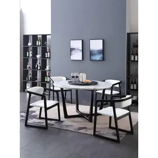 Rund Tisch Ess Zimmer Holz Runde Tische Designer Original Marmor 4 Stuhl Set Neu - Weiß