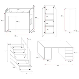 Doppelstockbett Schwarz Tisch Schrank Multifunktion Etagen Hochbett Kinderzimmer - Schwarz