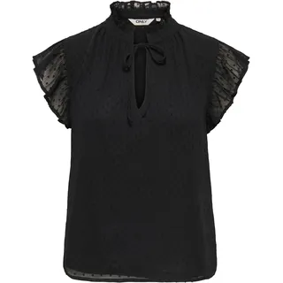 Spitzenbluse ONLY "ONLLANDAU DOBBY FRILL V-NECK TOP WVN", Damen, Gr. XS, schwarz, Web, Obermaterial: 100% Polyester, unifarben, normal, Blusen Spitzenbluse, Kunstfaser