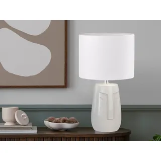 Designer Tischlampe mit LED dimmbar, Keramikfuß Beige & Leinen Lampenschirm Weiß