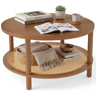 COSTWAY Couchtisch rund Ø80cm, Wohnzimmertisch Holz mit Glasplatte & PE-Rattan-Ablage, Kaffeetisch, Beistelltisch Teetisch mit Holzbeinen, Sofatisch - Braun