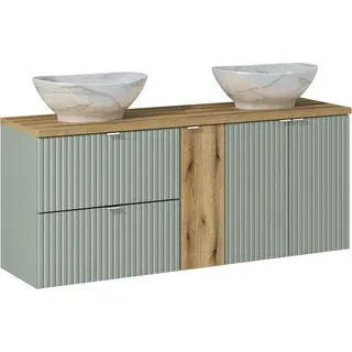 Badezimmerschrank mit Arbeitsplatte und 2 Sockelwaschbecken - 140 cm in elegantem Grün und Holzstil - Grün