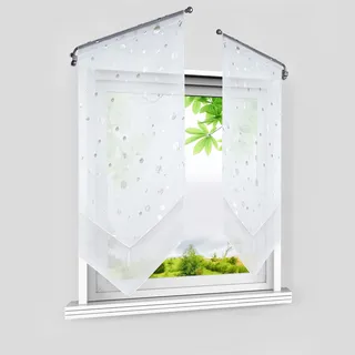 HeichkelL Voile Scheibengardine mit Silbernen Kreisen Bistrogardinen 2er Set Panneaux Doppelschicht Kurzstore Modern Küchenvorhang mit Quaste Weiß BxH 40x90 cm 2 Stück