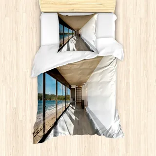 ABAKUHAUS Strand Mantele, Ozean Meer Wellen Sand anzeigen, Milbensicher Allergiker geeignet mit Kissenbezügen, 135 cm x 200 cm - 80 x 80 cm, Pale Brown Sky Blue