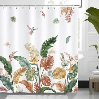 Bonhause Duschvorhang Tropische Blätter Blumen Boho Retro Palmblätter Pflanzen Duschvorhänge 180 x 180 cm Anti-Schimmel Wasserdicht Polyester Stoff Waschbar Bad Vorhäng für Badzimmer mit 12 Haken