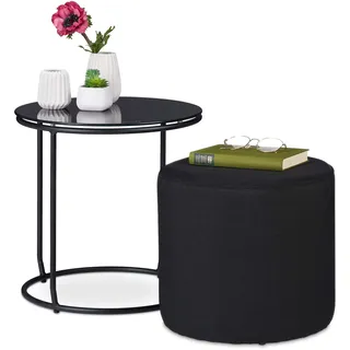 Relaxdays Beistelltisch mit Hocker, runder Couchtisch mit Sitzhocker, platzsparend, Glas & Metall, 40 x 40 cm, schwarz, Schwarzglas, Polyester, 1 Stück