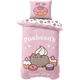 MTOnlinehandel Pusheen Bettwäsche 135x200 + 80x80 cm – weiche Microfaser, Reißverschluss, Pusheen Katze rosa - Motiv für Kinder, Teenager & Kawaii Fans, atmungsaktiv & pflegeleicht