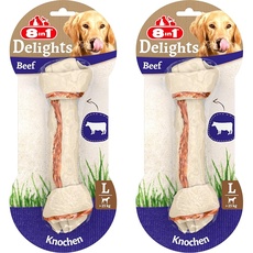 8in1 Delights Beef Knochen L - gesunder Kauknochen für Sensible große Hunde, hochwertiges Rindfleisch eingewickelt in Rinderhaut, 1 Stück (Packung mit 2)