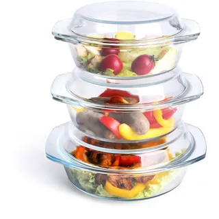 HUSANMP Set 6 Stücke Rund Auflaufform aus Gehärtetem Glas Set, 1L+1.5L+1.8L Glas Backform mit Deckel für Backofen, Gefrierschrank und spülmaschinenfest