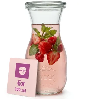 Weck Glaskaraffe 250ml – 6er Set – Trinkflasche aus Glas mit Glasdeckeln zum Befüllen – als Wasserflasche, Glaskaraffe mit Deckel oder zum Einkochen & Verschenken