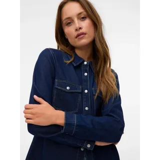 Jeansbluse VERO MODA "VMJENNIE LS DENIM SHIRT MIX NOOS", Damen, Gr. S, blau (dunkelblau denim detail:rinse), Denim/Jeans, Obermaterial: 90% Baumwolle, 10% Viskose, regular fit hüftbedeckend, Blusen Jeansbluse