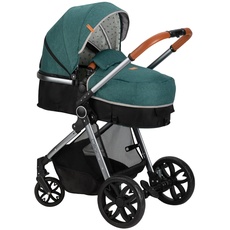 MoMi Kombi-Kinderwagen LIMURU 2-in-1 mit Buggy, regulierbarer 5-Punkt-Sicherheitsgurt, ab dem 6. Monat (bis 15 kg), Babywanne, Einkaufskorb, Matratze und Wickeltasche Grün