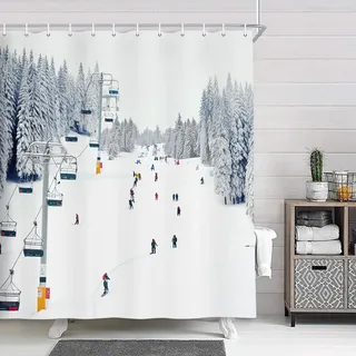 NYMB Sport Duschvorhang, Winter Urlaub Reisen Schnee Berg Skifahren Seilbahn, Polyestergewebe Schnee Bad Vorhang Weihnachten Badezimmer Duschvorhang Set mit Haken, 175 x 178 cm