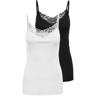 Longtop ONLY "ONLLULU LACE SINGLET 2PACK CS JRS", Damen, Gr. S, schwarz-weiß (schwarz pack:weiß), Jersey, Obermaterial: 100% Baumwolle, unifarben, hüftlang, V-Ausschnitt, Tops Longtop