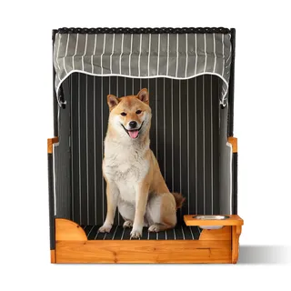 Relaxdays Hundestrandkorb, Rattan, mit Napf, Hundesessel mit Dach, HBT: 95x75x65 cm, für Garten & Terrasse, Holz, grau