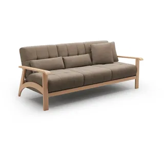 Cavadore 3er-Sofa Billan / 3-Sitzer Schlafsofa im skandinavischen Design mit Bett und massivem Holzgestell in Buche / 199 x 88 x 106 / Flachgewebe, Braun