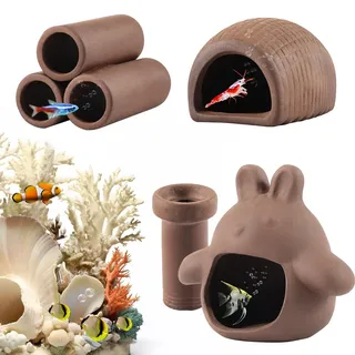 ASOFTY 4 Stück Aquarium Höhle, Fisch Tank Zubehör Höhle Dekoration, Fisch Garnelen Versteck, Fischzuchtröhre, Wassertiere Keramik Versteck für Aquarium Deko