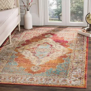 SAFAVIEH Boho Teppich für Wohnzimmer, Esszimmer, Schlafzimmer - Crystal Collection, Kurzer Flor, Orange und Hellblau, 122 X 183 cm